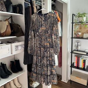 Paisley Tiered Long Sleeve Dress in Navy and Tan